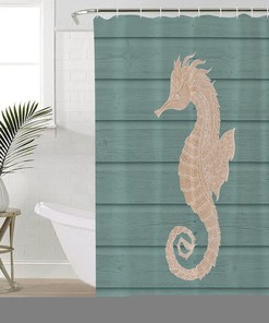 Ocean Creatures Beach Seahorse Cyan Shower Curtain, Waterproof Fabric Bathroom Decor