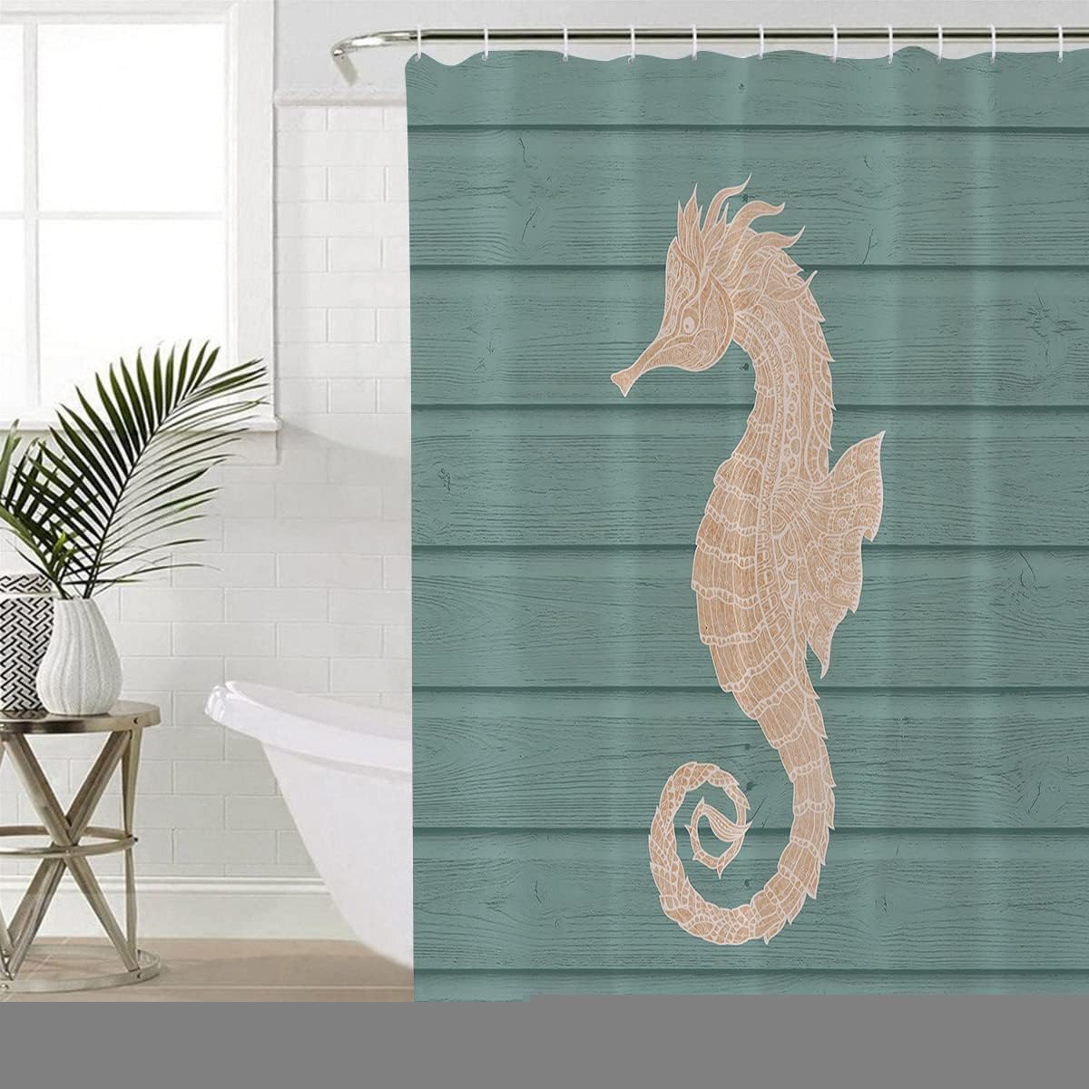Ocean Creatures Beach Seahorse Cyan Shower Curtain, Waterproof Fabric Bathroom Decor