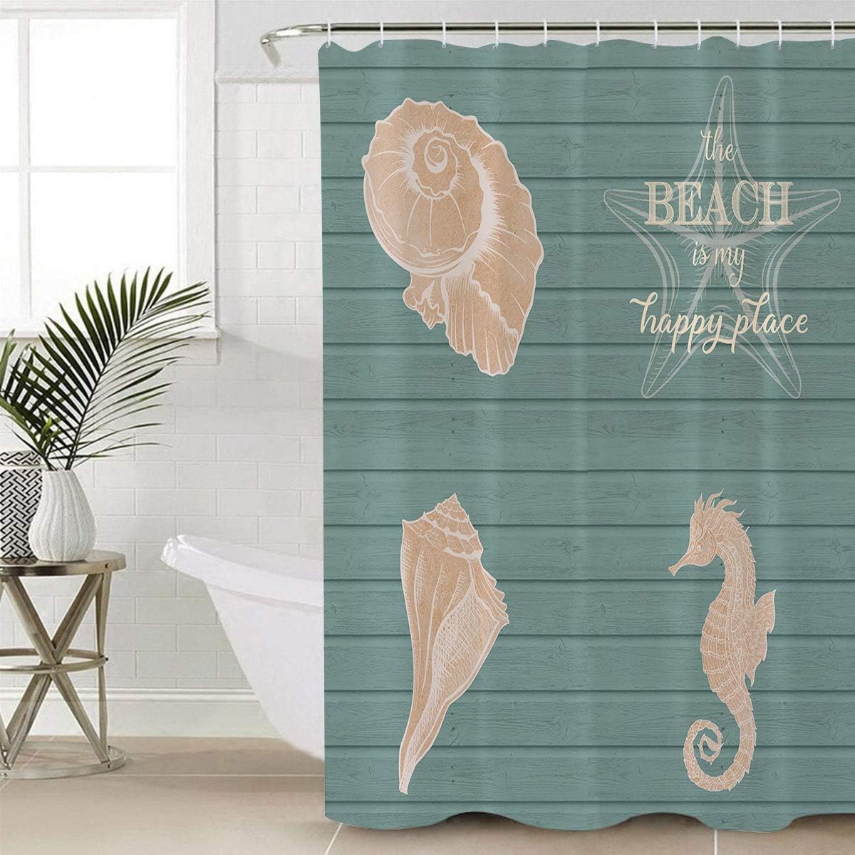 Ocean Creatures Beach Seahorse Starfish Shells Cyan Shower Curtain for Bathroom Decor
