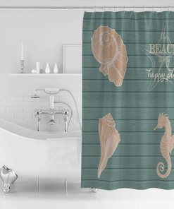 Ocean Creatures Beach Seahorse Starfish Shells Cyan Shower Curtain for Bathroom Decor