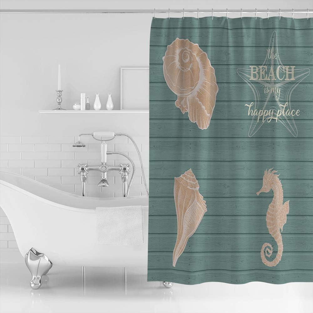 Ocean Creatures Beach Seahorse Starfish Shells Cyan Shower Curtain for Bathroom Decor