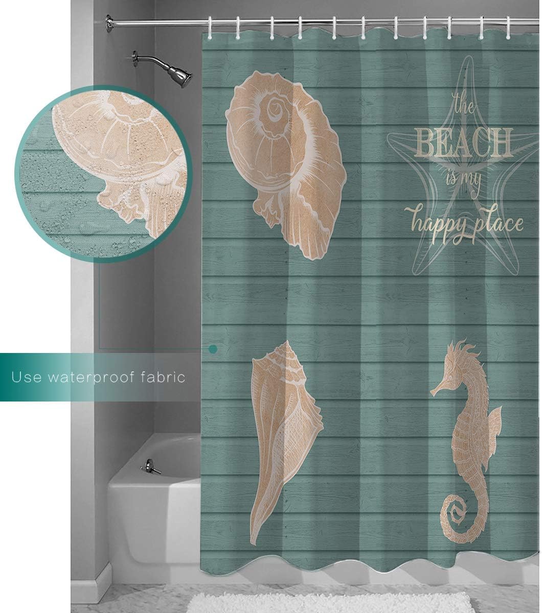 Ocean Creatures Beach Seahorse Starfish Shells Cyan Shower Curtain for Bathroom Decor