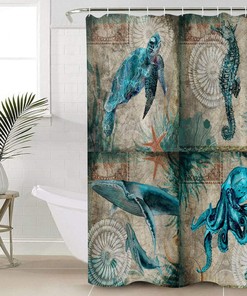Ocean Creatures Beach Shower Curtain for Seahorse Turtle Whale Octups Bathroom Decor
