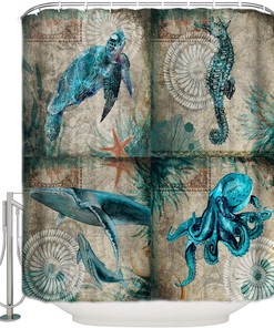 Ocean Creatures Beach Shower Curtain for Seahorse Turtle Whale Octups Bathroom Decor