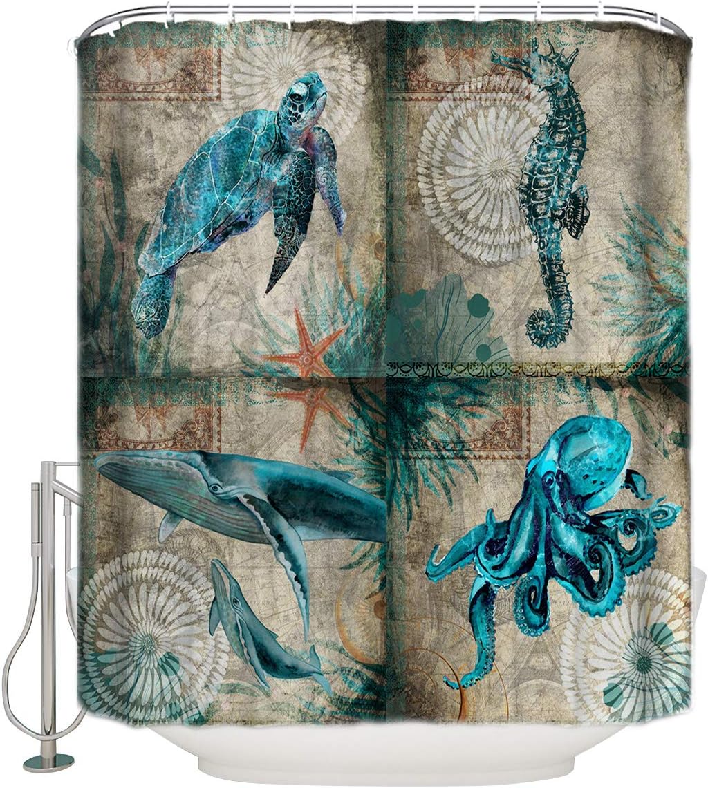 Ocean Creatures Beach Shower Curtain for Seahorse Turtle Whale Octups Bathroom Decor