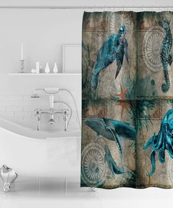 Ocean Creatures Beach Shower Curtain for Seahorse Turtle Whale Octups Bathroom Decor