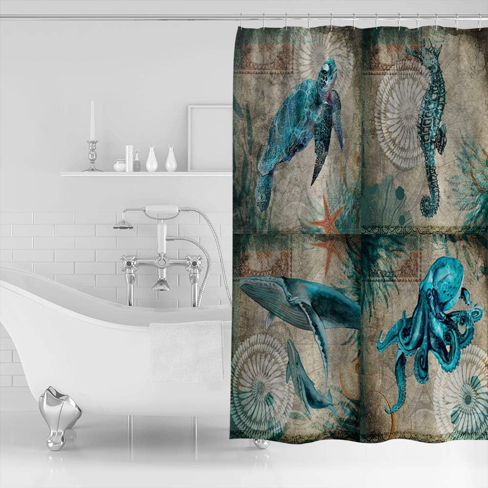 Ocean Creatures Beach Shower Curtain for Seahorse Turtle Whale Octups Bathroom Decor