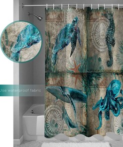 Ocean Creatures Beach Shower Curtain for Seahorse Turtle Whale Octups Bathroom Decor