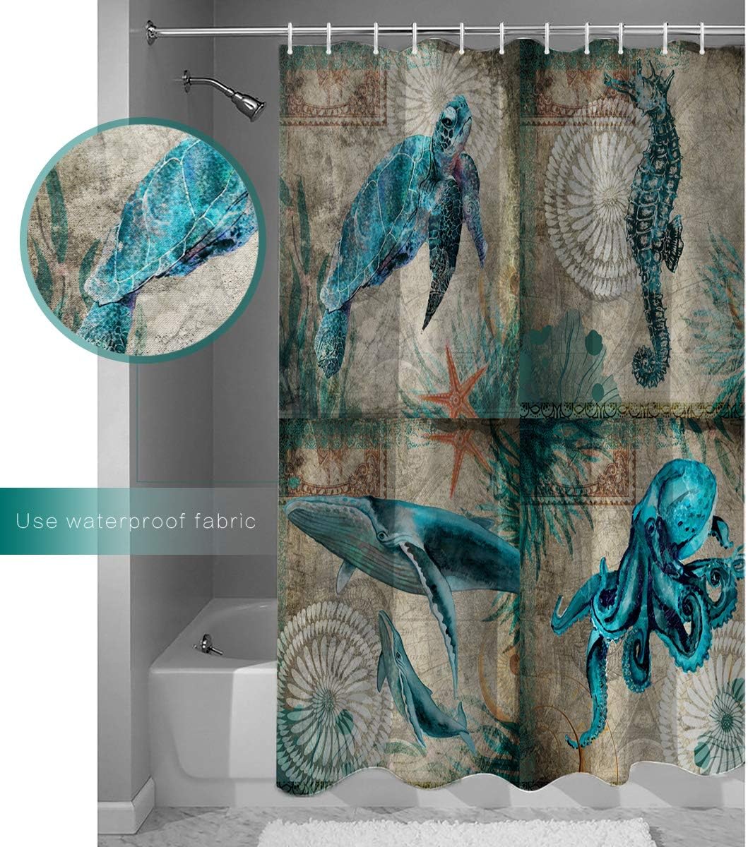Ocean Creatures Beach Shower Curtain for Seahorse Turtle Whale Octups Bathroom Decor