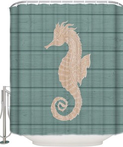 Ocean Creatures Beach with Cyan Seahorse Unique Shower Curtain for Bathroom Decor