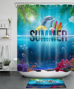 Ocean Dolphin and Palm Leaves Shower Curtain for Summer Bathroom 