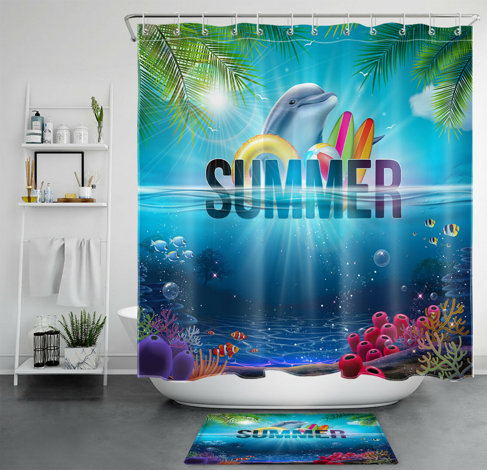 Ocean Dolphin and Palm Leaves Shower Curtain for Summer Bathroom
