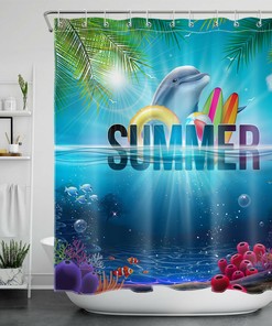 Ocean Dolphin and Palm Leaves Shower Curtain for Summer Bathroom