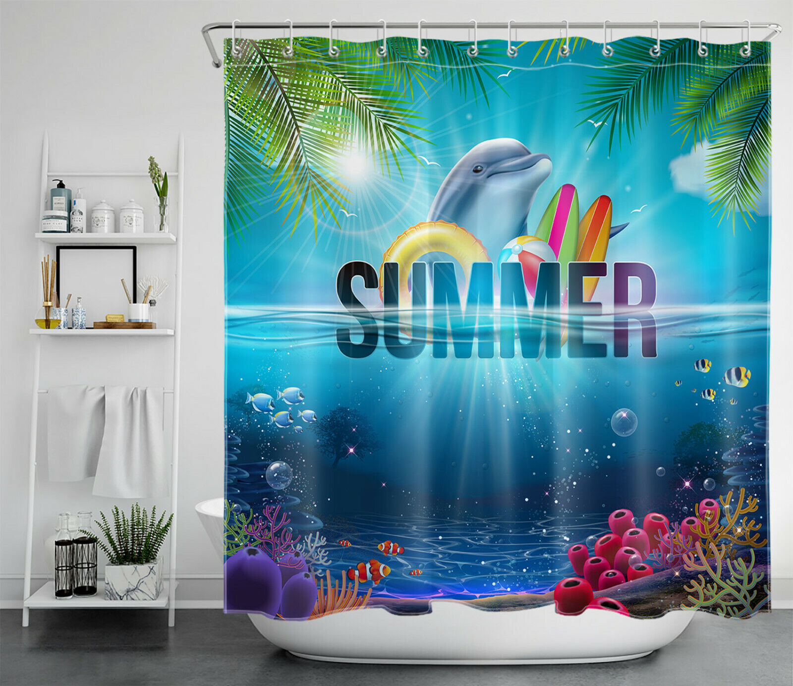 Ocean Dolphin and Palm Leaves Shower Curtain for Summer Bathroom