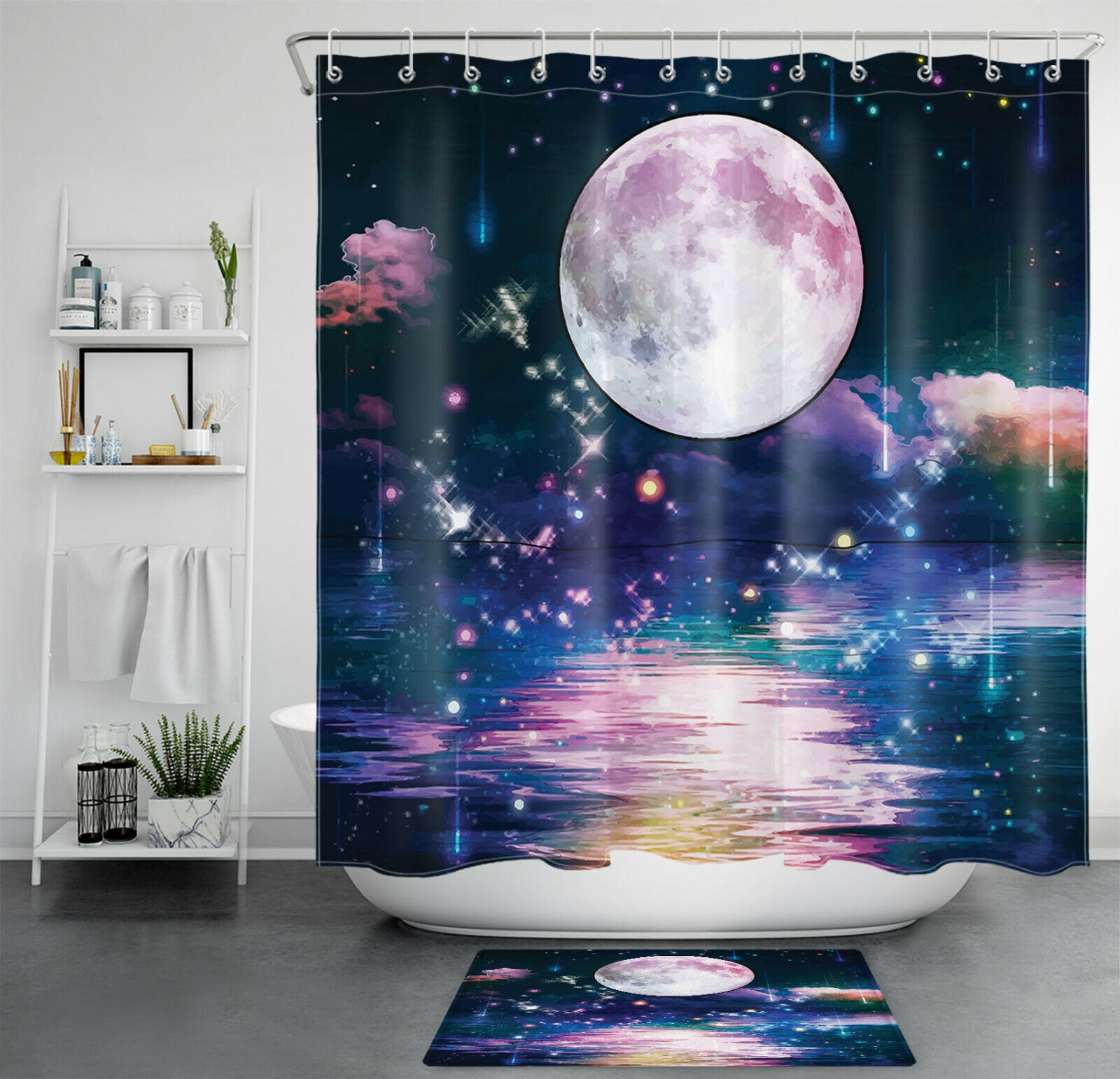 Ocean Dream Scene Stars Moon Print Shower Curtain for Bathroom Decor