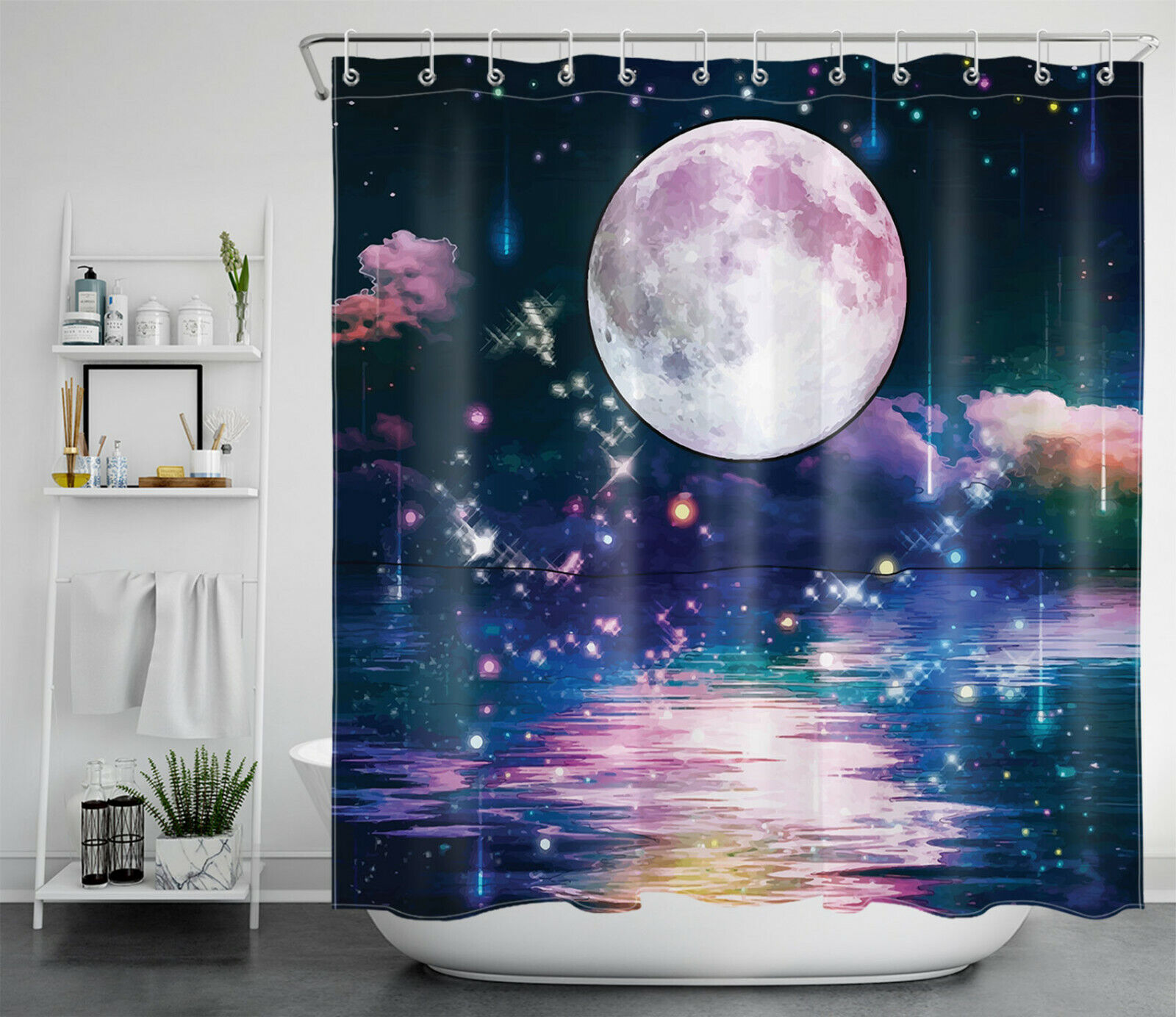 Ocean Dream Scene Stars Moon Print Shower Curtain for Bathroom Decor
