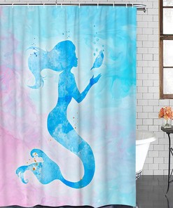 Ocean Dreamy Mermaid Silhouette and Psychedelic Watercolor Style Shower Curtain Waterproof Fabric Bathroom Curtain