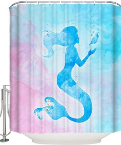 Ocean Dreamy Mermaid Silhouette and Psychedelic Watercolor Style Shower Curtain Waterproof Fabric Bathroom Curtain