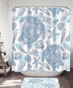 Ocean Fabric Shower Curtain with Fish Seahorse Sand Dollar Coral Shells Stripe Design