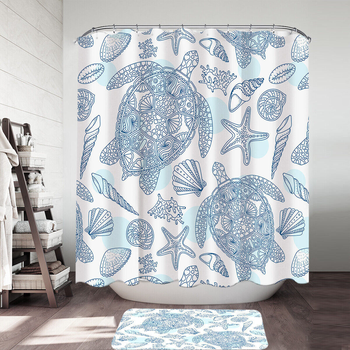 Ocean Fabric Shower Curtain with Fish Seahorse Sand Dollar Coral Shells Stripe Design