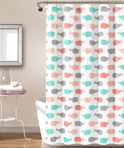 Ocean Fish Whale Animal Print Fabric Shower Curtain in Pink and Aqua Perfect for Your Kids' Bathroom Decor 