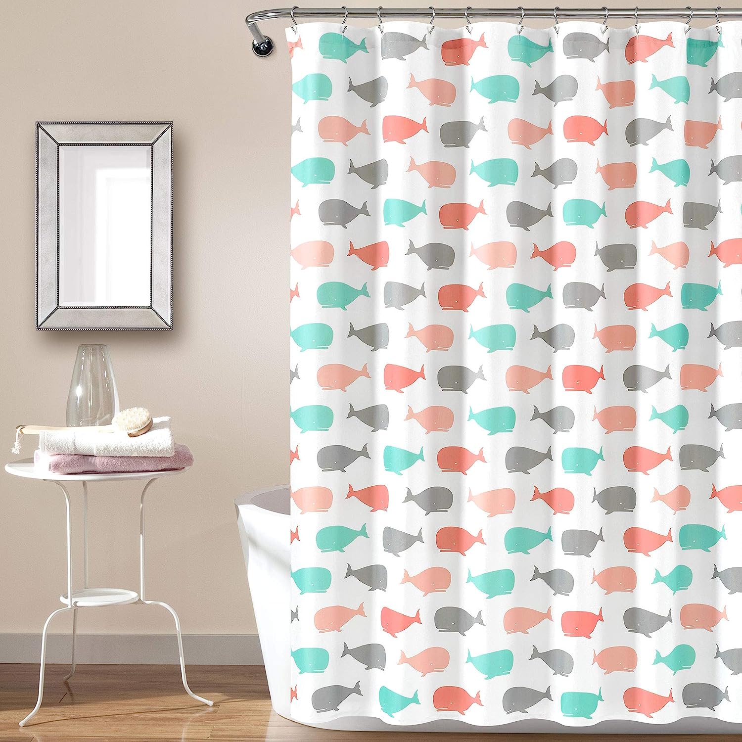 Ocean Fish Whale Animal Print Fabric Shower Curtain in Pink and Aqua Perfect for Your Kids' Bathroom Decor