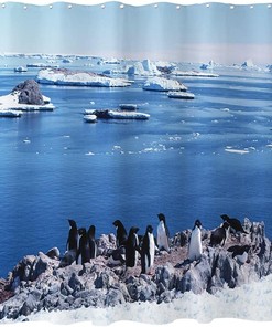 Ocean Glacier Penguins Shower Curtain with North and South Pole and Marine Organism Theme for Coastal Bathroom Decor