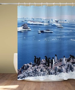 Ocean Glacier Penguins Shower Curtain with North and South Pole and Marine Organism Theme for Coastal Bathroom Decor