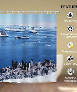 Ocean Glacier Penguins Shower Curtain with North and South Pole and Marine Organism Theme for Coastal Bathroom Decor