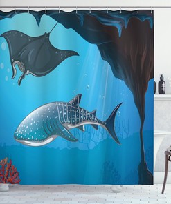 Ocean Inspired Cartoon Shower Curtain With Swimming Shark Print For Beach Themed Bathroom Decor