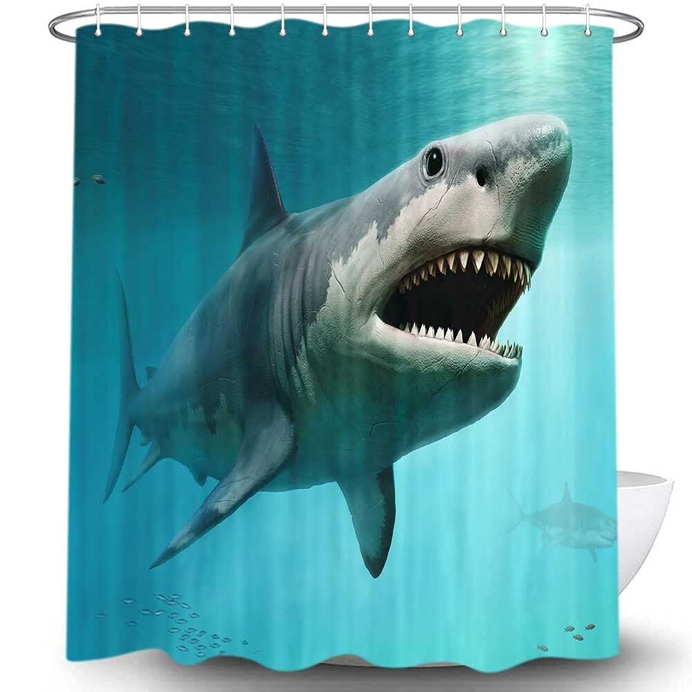 Ocean Jaws Fabric Shower Curtain, Shark Print for Waterproof Sea Bathroom Decor