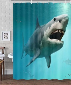 Ocean Jaws Fabric Shower Curtain, Shark Print for Waterproof Sea Bathroom Decor