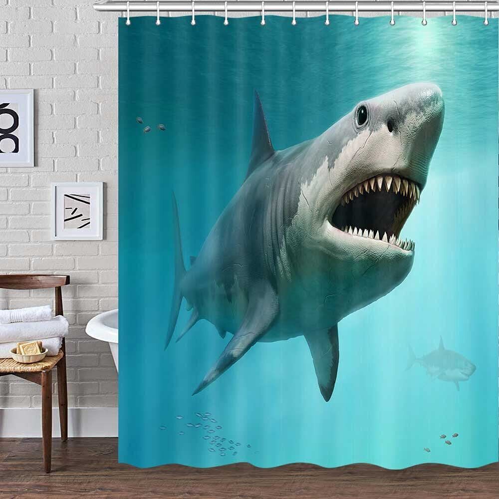Ocean Jaws Fabric Shower Curtain, Shark Print for Waterproof Sea Bathroom Decor