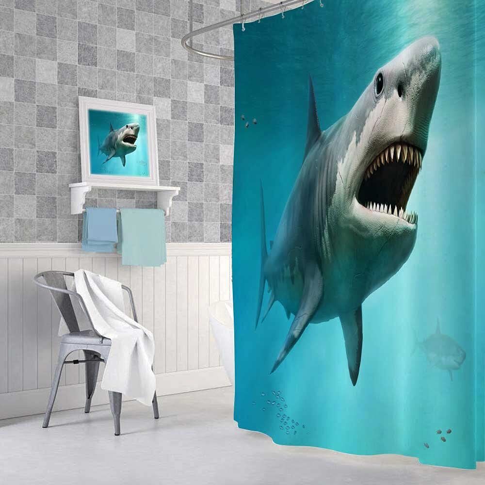 Ocean Jaws Fabric Shower Curtain, Shark Print for Waterproof Sea Bathroom Decor