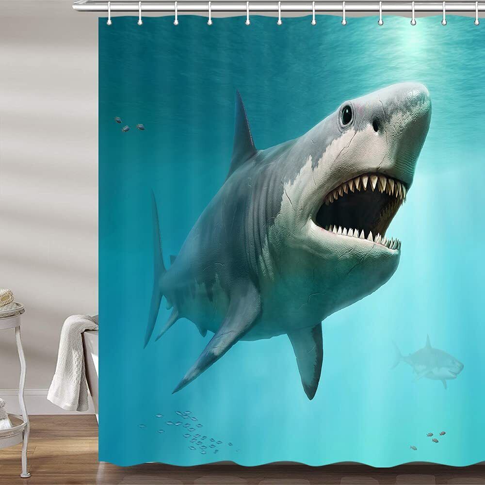 Ocean Jaws Fabric Shower Curtain, Shark Print for Waterproof Sea Bathroom Decor