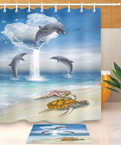 Ocean Jumping Turtle Shower Curtain with Water and Reflective Effects for a Coastal Bathroom