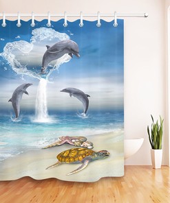 Ocean Jumping Turtle Shower Curtain with Water and Reflective Effects for a Coastal Bathroom