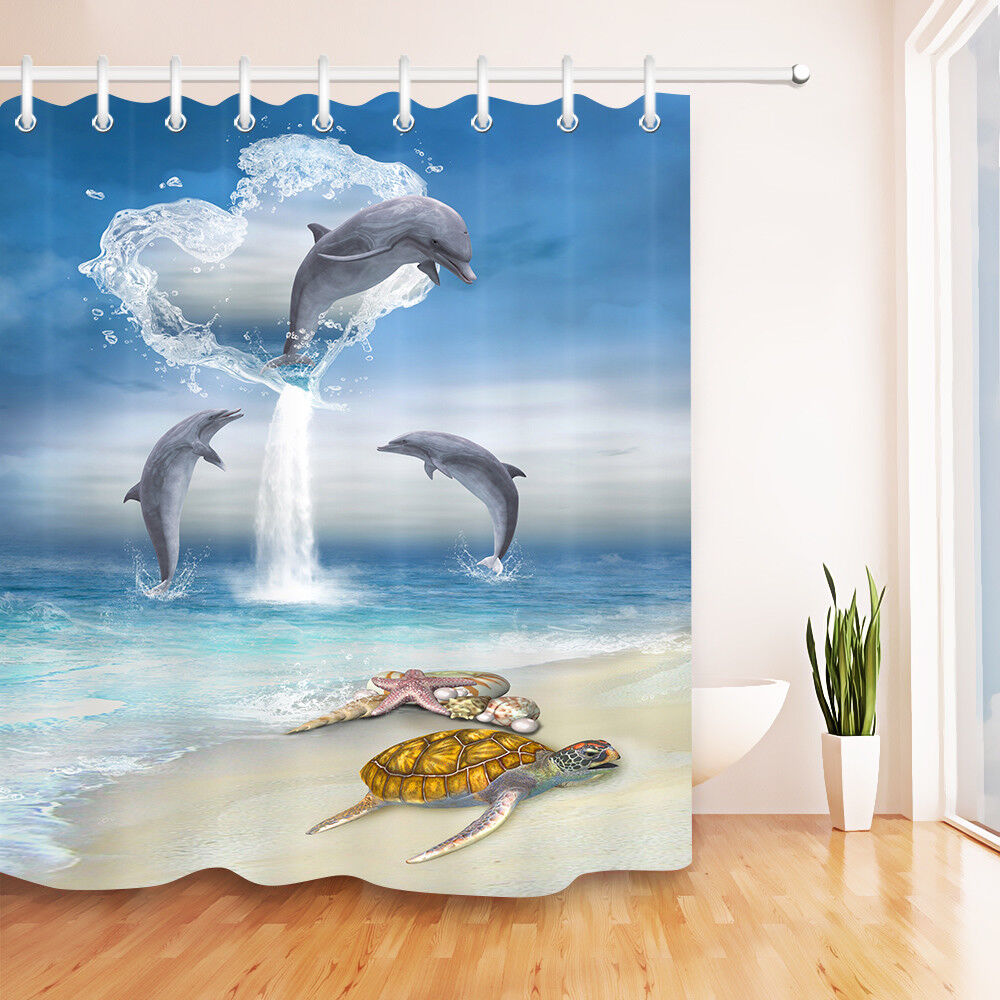 Ocean Jumping Turtle Shower Curtain with Water and Reflective Effects for a Coastal Bathroom