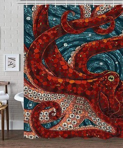 Ocean Kraken Anime Red Octopus Fabric Shower Curtain for Fans of the Sea