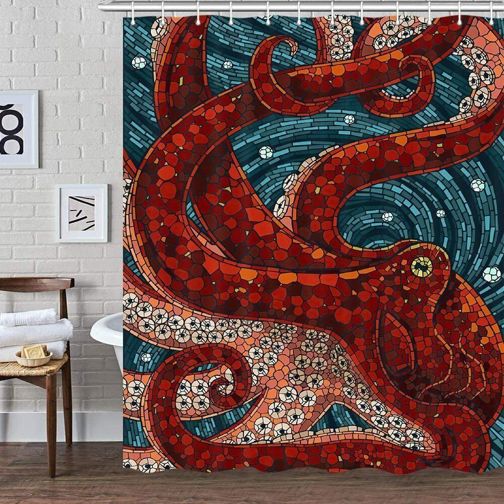 Ocean Kraken Anime Red Octopus Fabric Shower Curtain for Fans of the Sea