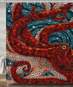 Ocean Kraken Anime Red Octopus Fabric Shower Curtain for Fans of the Sea