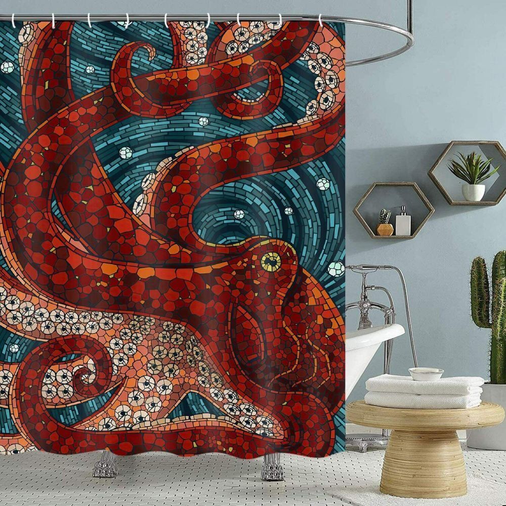Ocean Kraken Anime Red Octopus Fabric Shower Curtain for Fans of the Sea