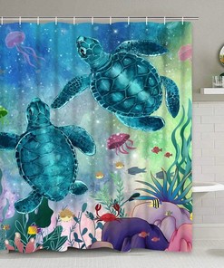 Ocean Landscape Shower Curtain with Sea Turtle and Other Marine Creatures
