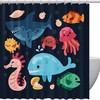 Ocean Life Print Shower Curtain, Shark Octopus Crab Whale Seahorse Fishes, Waterproof Fabric for Bathroom Decor