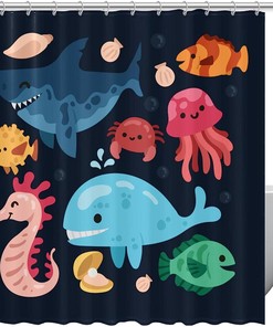 Ocean Life Print Shower Curtain, Shark Octopus Crab Whale Seahorse Fishes, Waterproof Fabric for Bathroom Decor