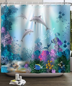 Ocean Life Shower Curtain with Dolphins, Sea Life, Coral Reefs and Sunbeams to Enhance Your Bathroom 