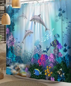 Ocean Life Shower Curtain with Dolphins, Sea Life, Coral Reefs and Sunbeams to Enhance Your Bathroom