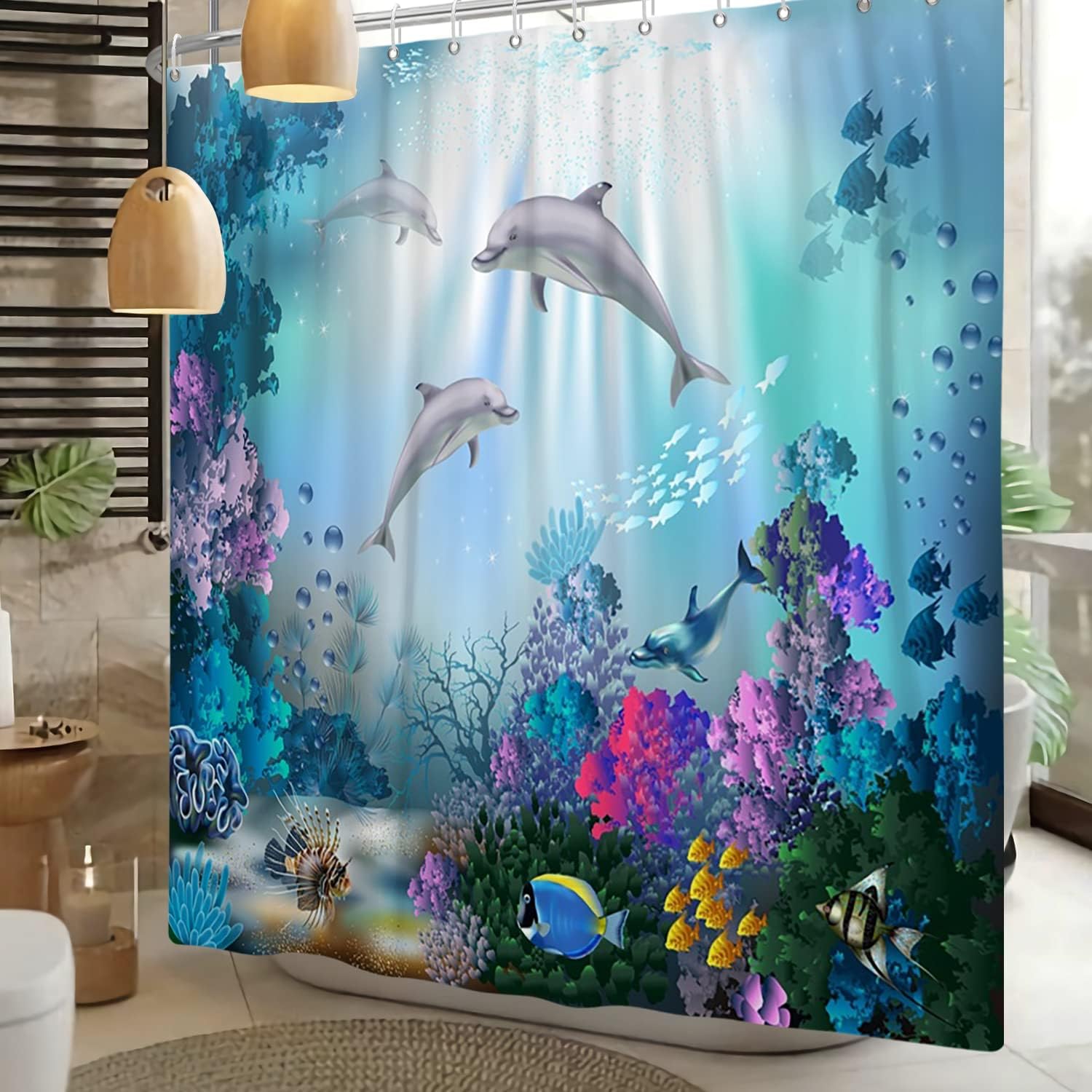 Ocean Life Shower Curtain with Dolphins, Sea Life, Coral Reefs and Sunbeams to Enhance Your Bathroom