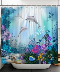 Ocean Life Shower Curtain with Dolphins, Sea Life, Coral Reefs and Sunbeams to Enhance Your Bathroom