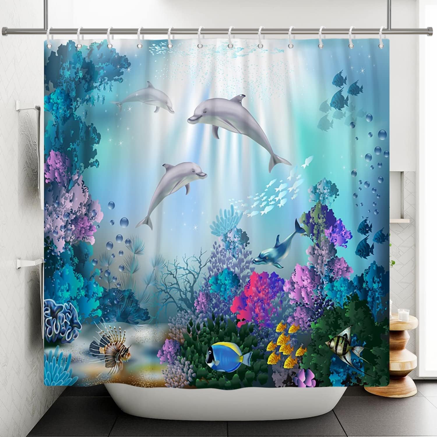 Ocean Life Shower Curtain with Dolphins, Sea Life, Coral Reefs and Sunbeams to Enhance Your Bathroom